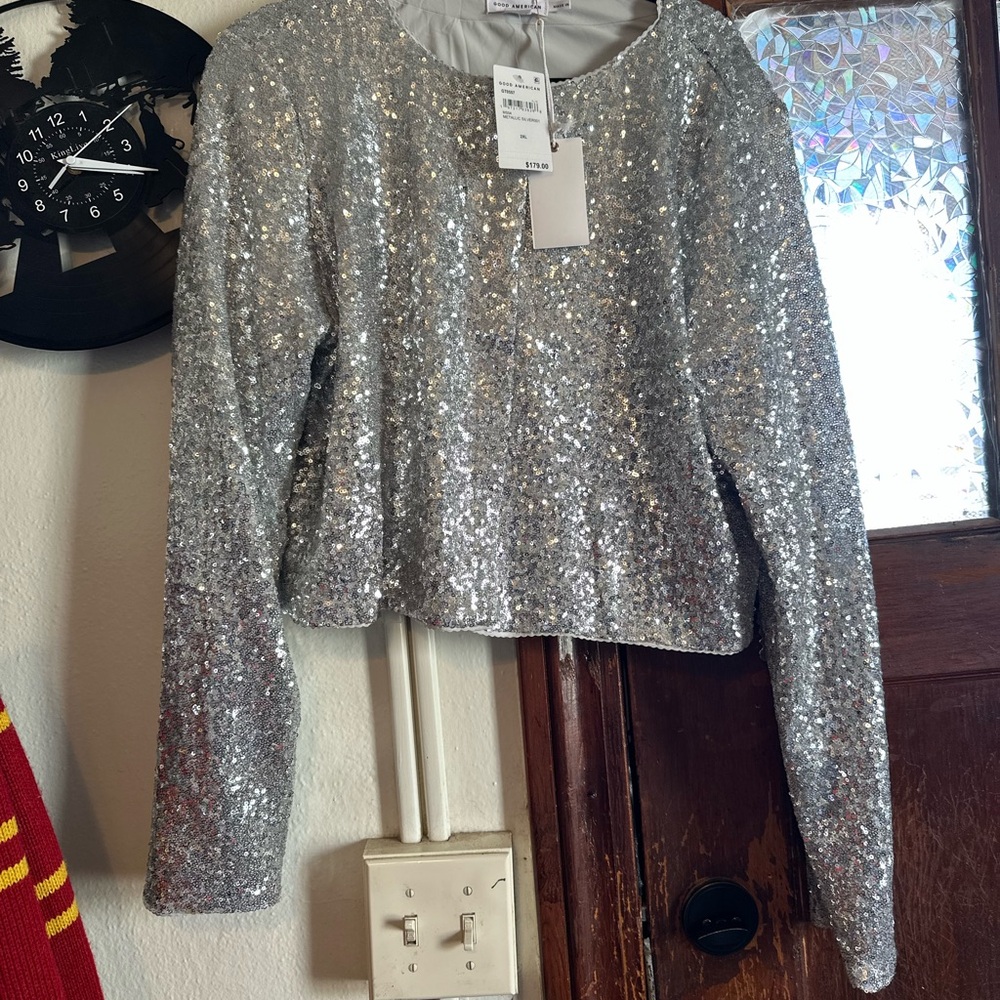 Good American Metallic Silver Sequin Top